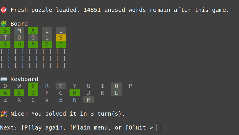 Wordler gameplay displayed in a terminal