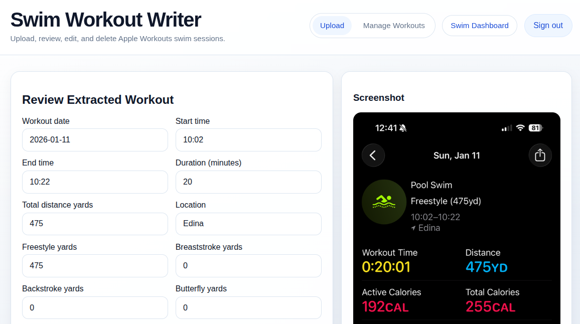 Swim Workout Writer interface for uploading and reviewing workout screenshots